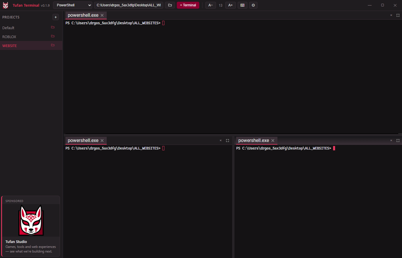 Tufan Terminal running three split PowerShell panes with a projects sidebar